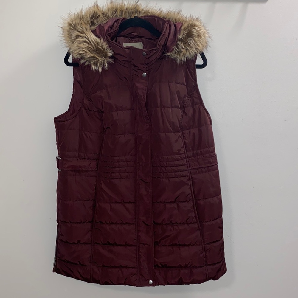 MAURICES BURGUNDY LONG HOODED SS WINTER VEST SIZE XL
